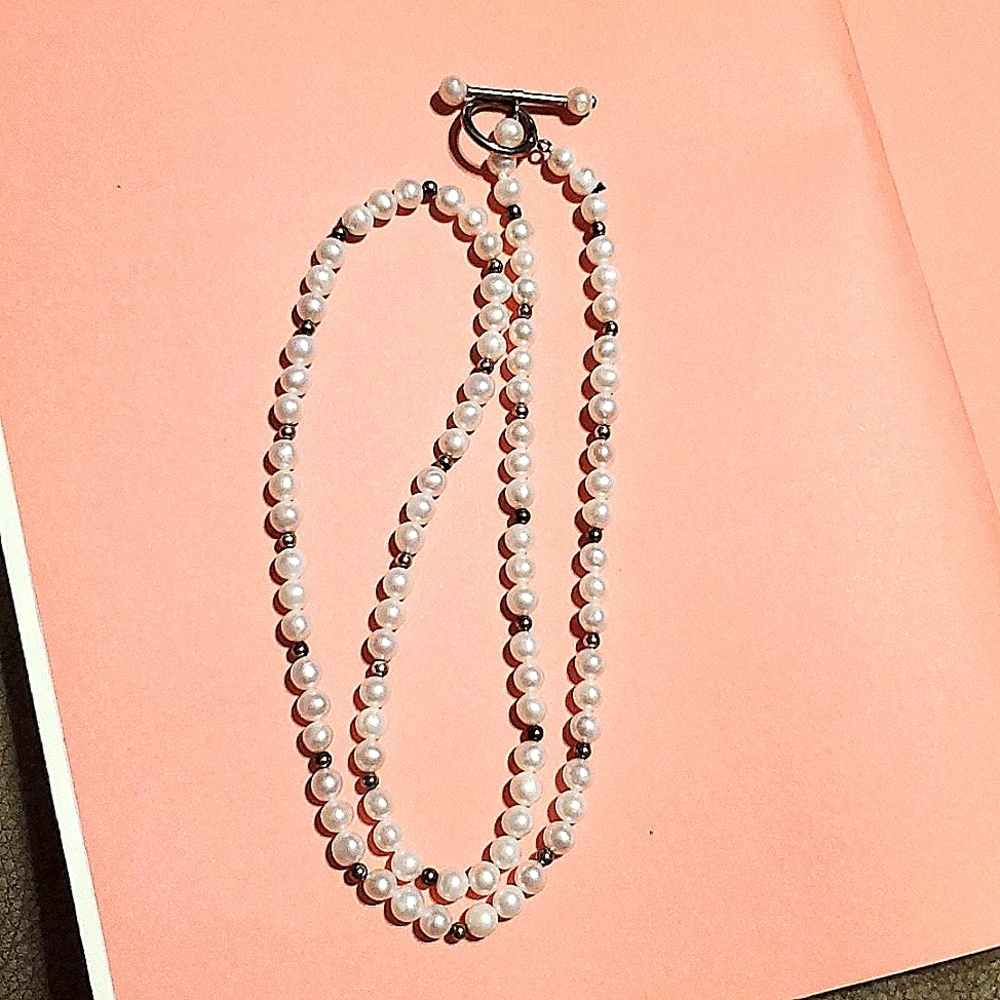 Vintage 925 Freshwater Pearl&Sterling Silver bead Necklace w/toggle clasp